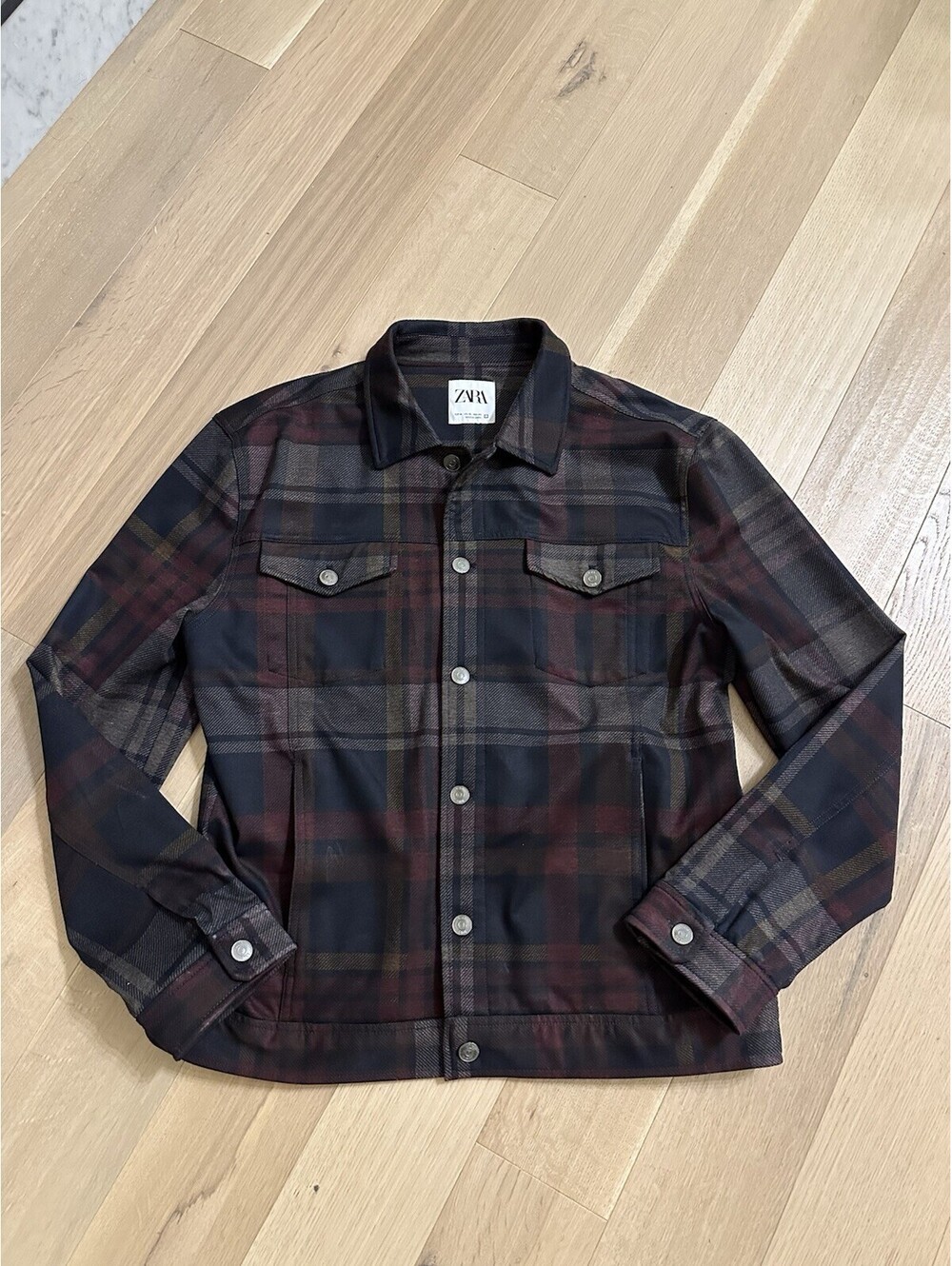 Zara Men’s Plaid Shacket Size XL Navy/ Burgundy